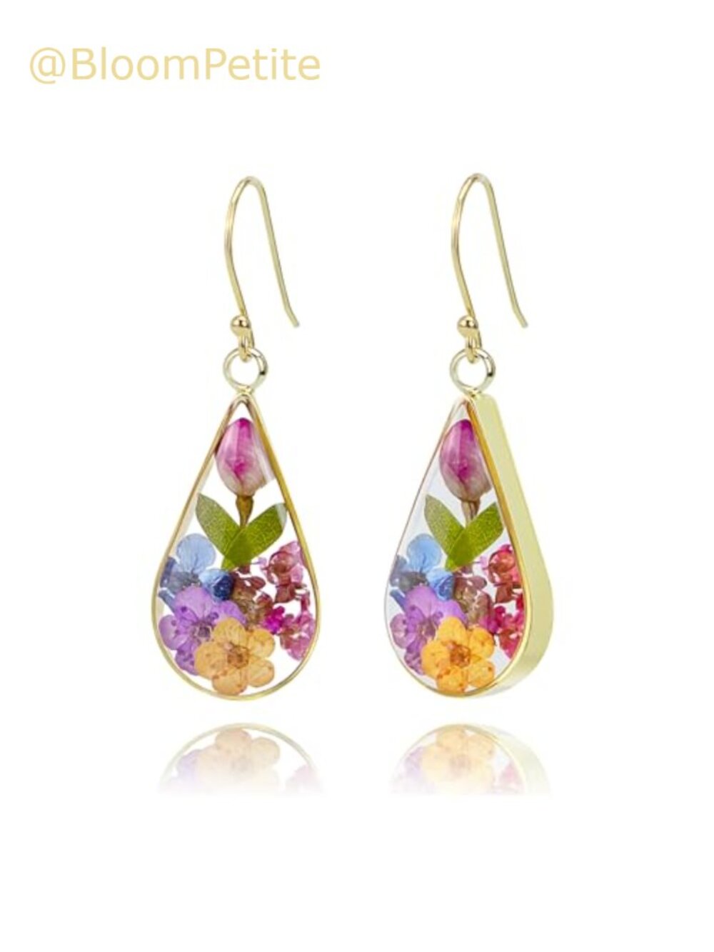 925 Sterling Silver Pressed Flower Teardrop Earrings Handmade Dried Flower Drop